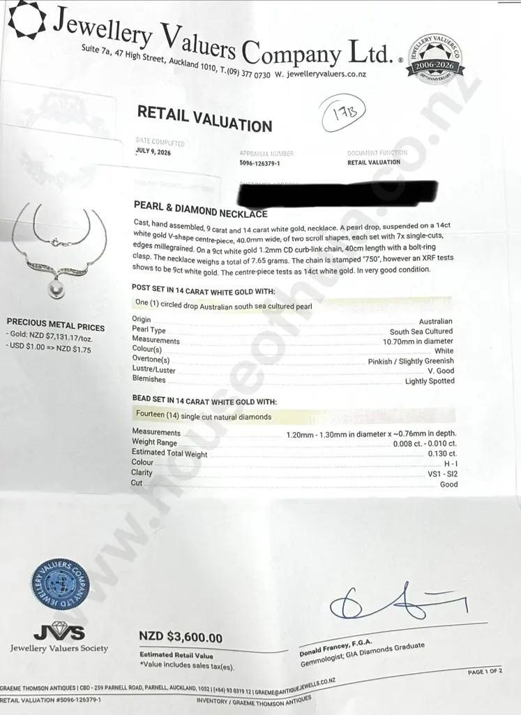 Stunning 14ct White Gold Diamond South Sea Pearl Necklace / Pendant w Valuation for $3,600.00 Image 1++