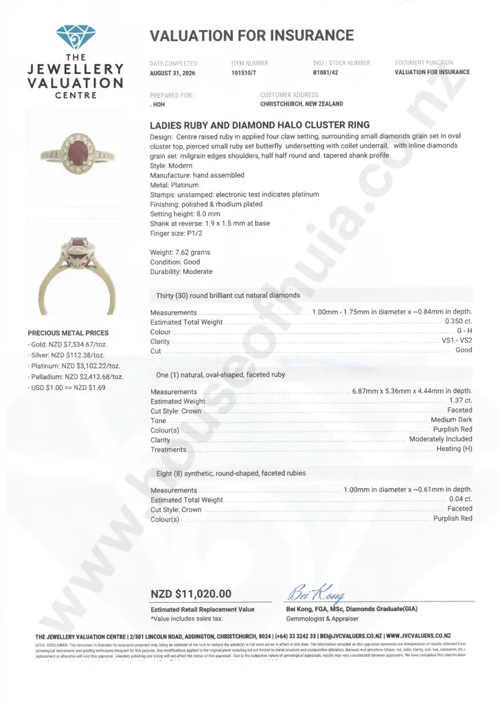 Platinum Ruby & Diamond Ring w Valuation for $11,020 Image 1++