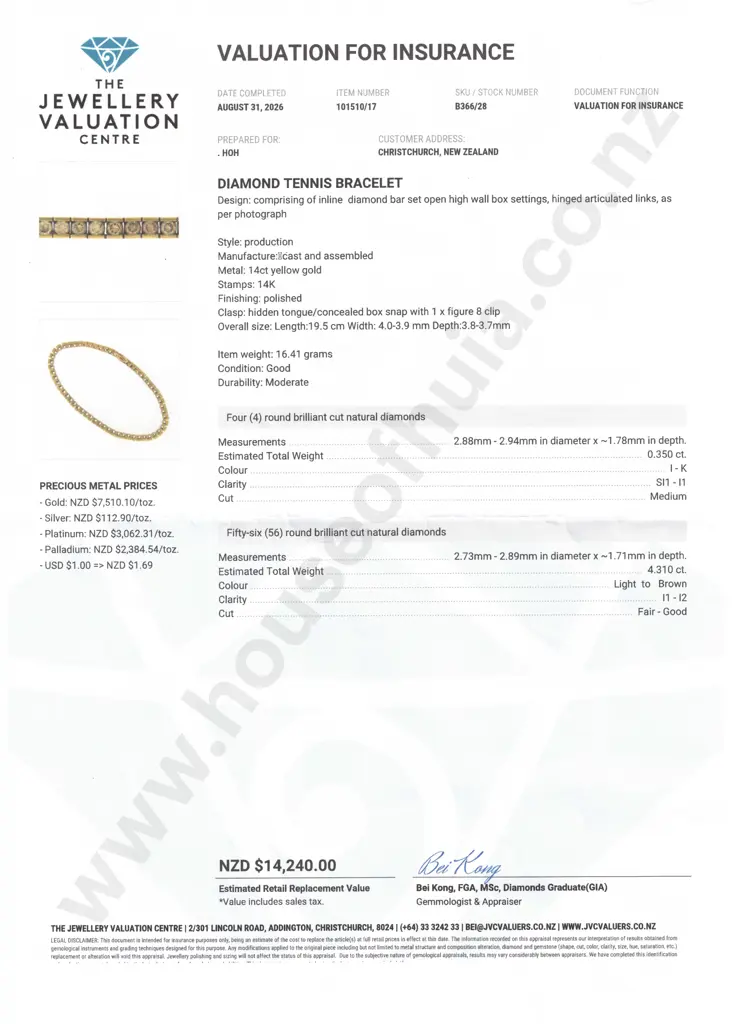 14ct Gold & Diamond Tennis Bracelet w Valuation for $14,240 Image 1++