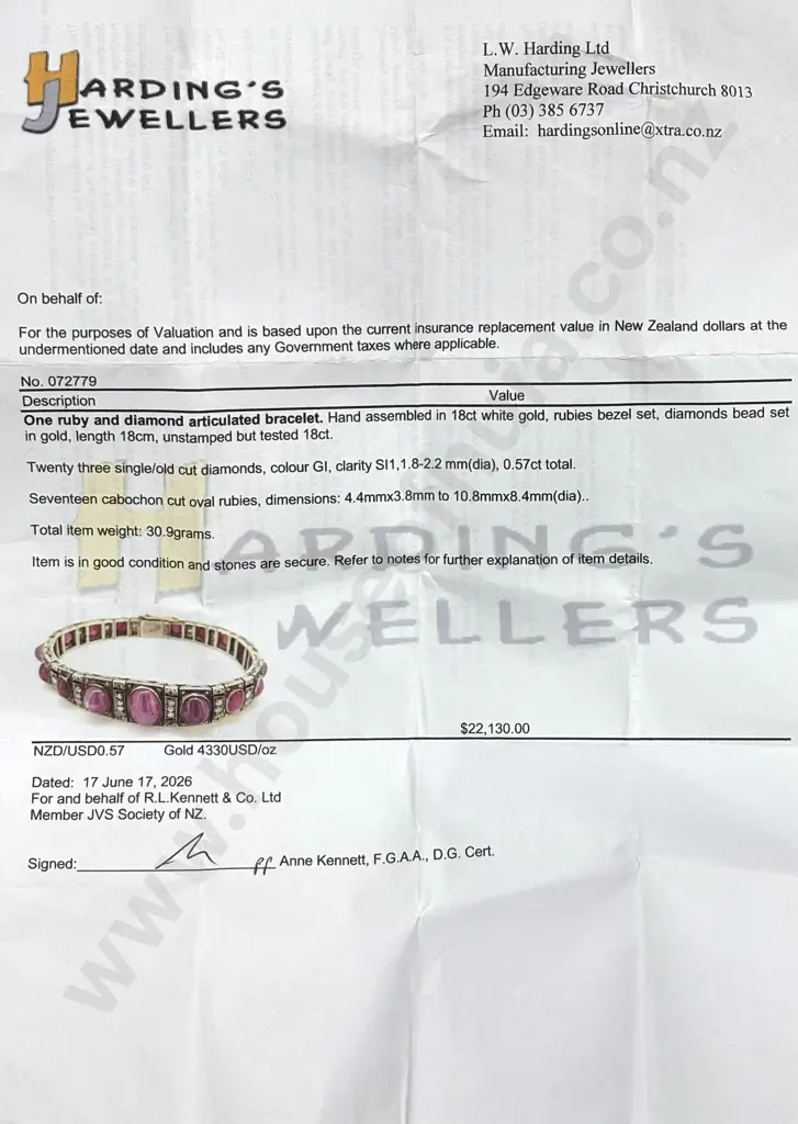 Exceptional 18ct White Gold Diamond & Star Ruby Bracelet w Valuation of $22,130.00 Image 1++