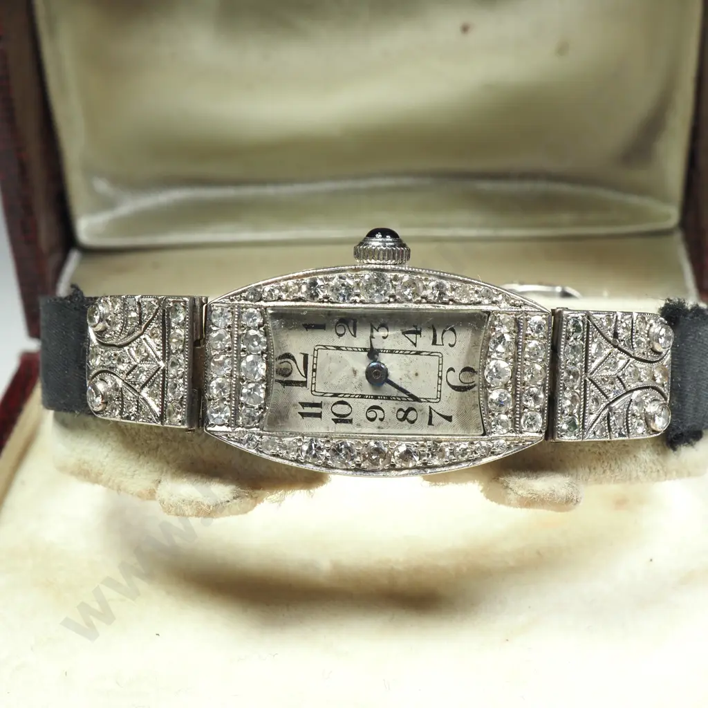 Exquisite Diamond Encrusted Platinum & Sapphire Ladies Art Deco Wristwatch Image 1++