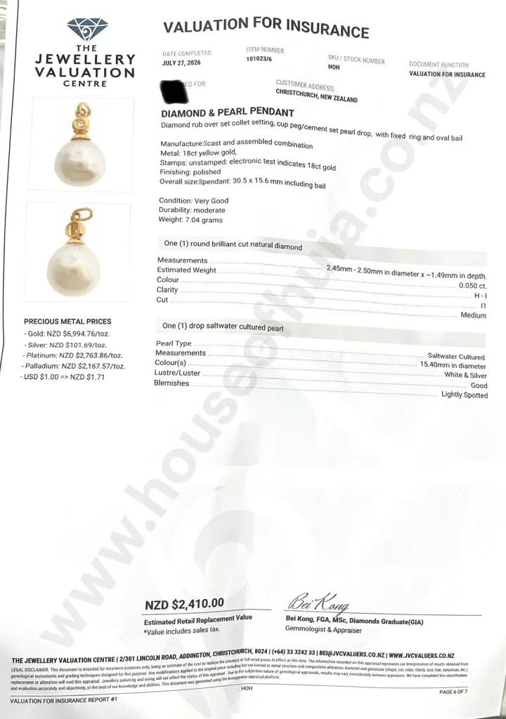 18ct Gold Diamond & Pearl Pendant w Valuation for $2410.00 Image 1++