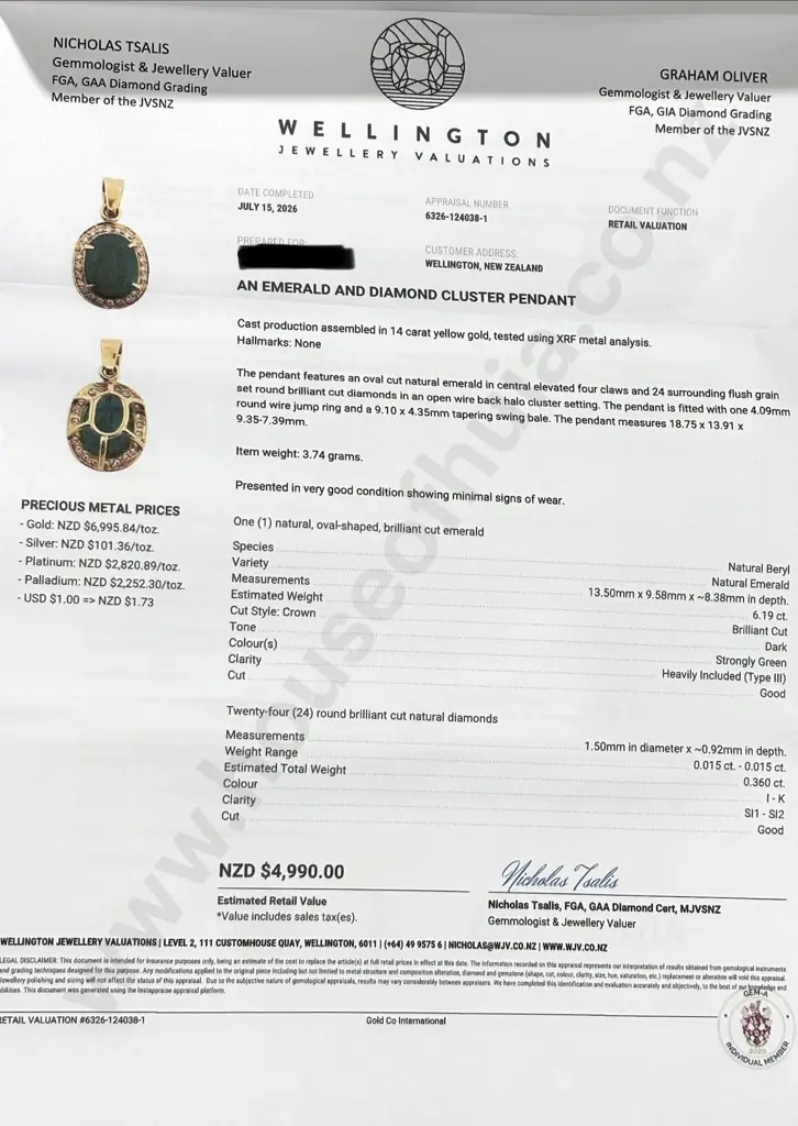 Impressive 14ct Gold Diamond & Natural Emerald Cluster Pendant w Valuation for $4,990.00 Image 1++