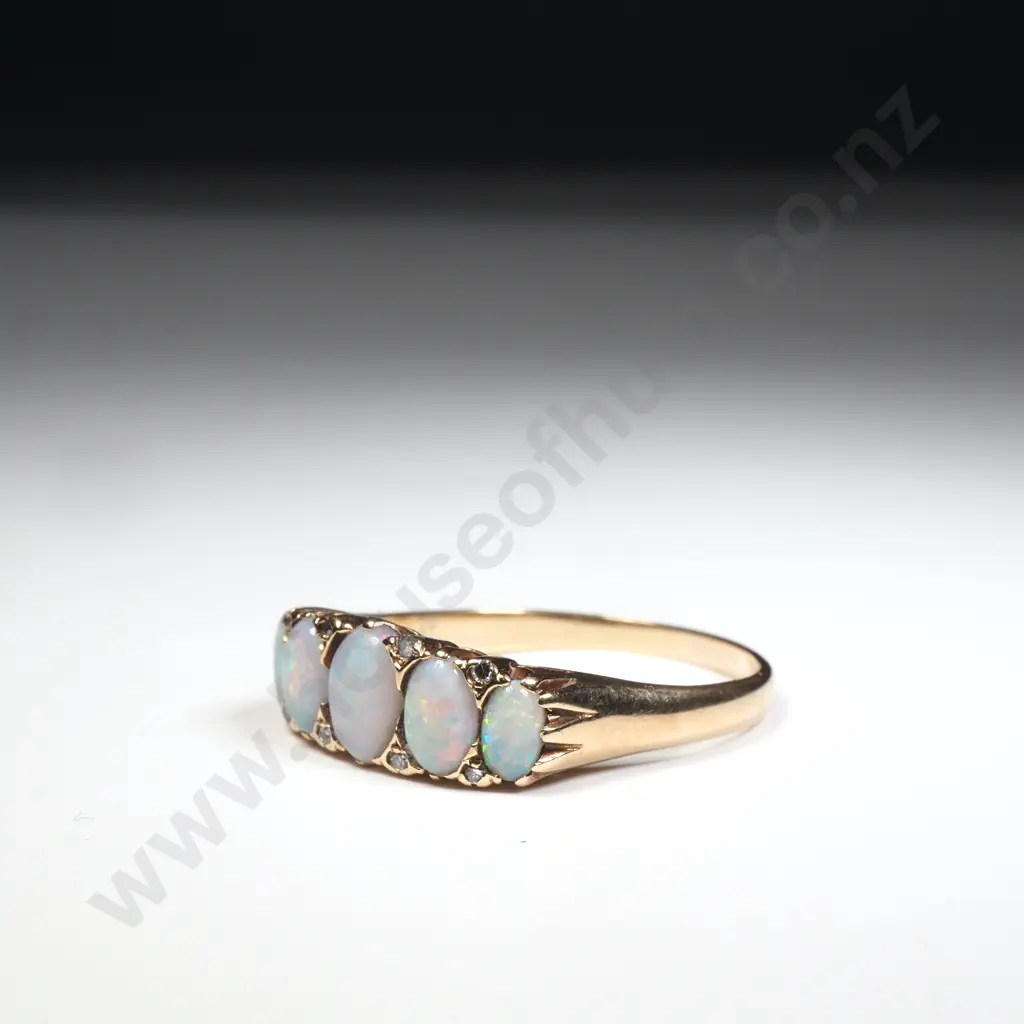 9ct Yellow Gold Bridge Ring Set w Five Graduated Opals w Diamond Spacers Image 1++