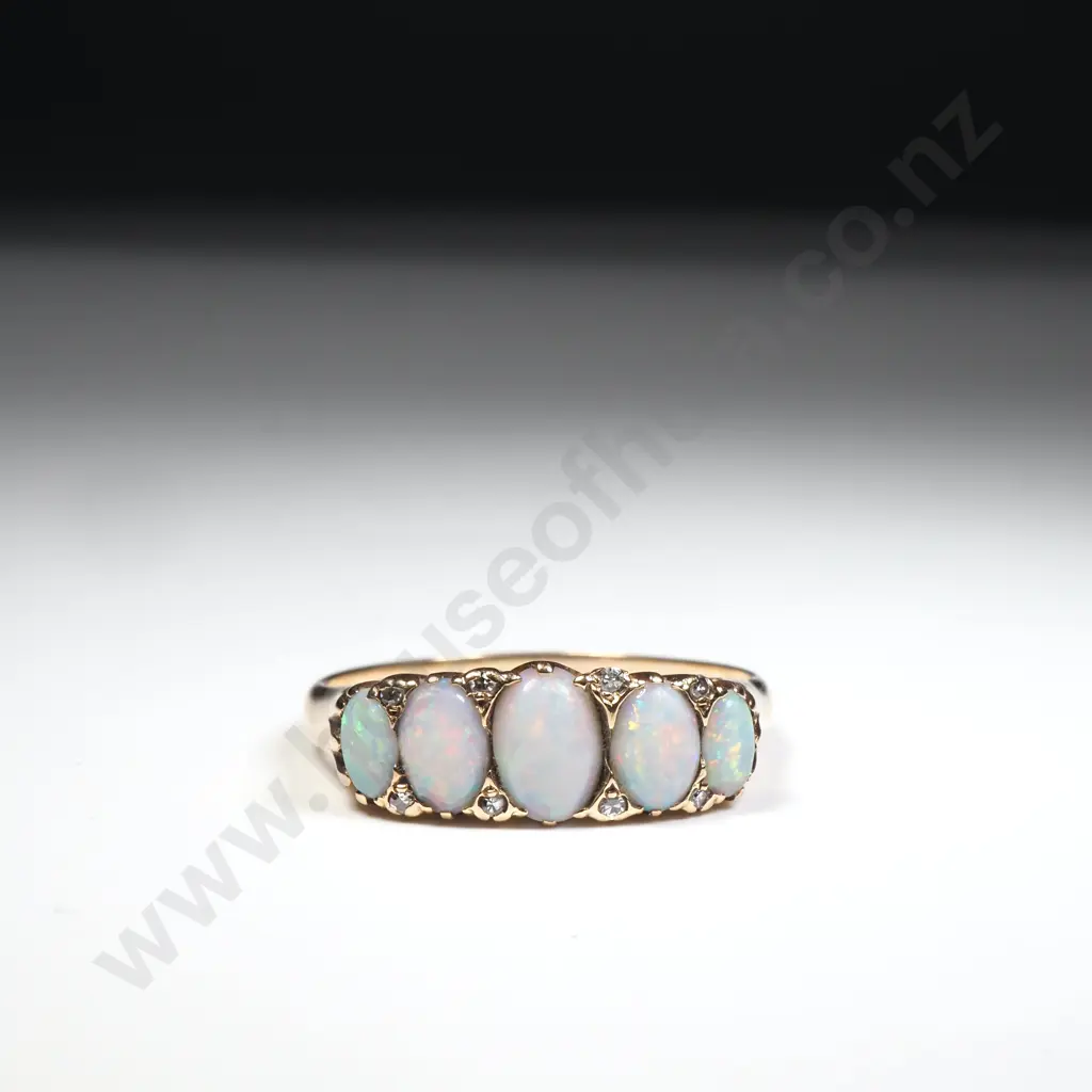 9ct Yellow Gold Bridge Ring Set w Five Graduated Opals w Diamond Spacers Image 1++