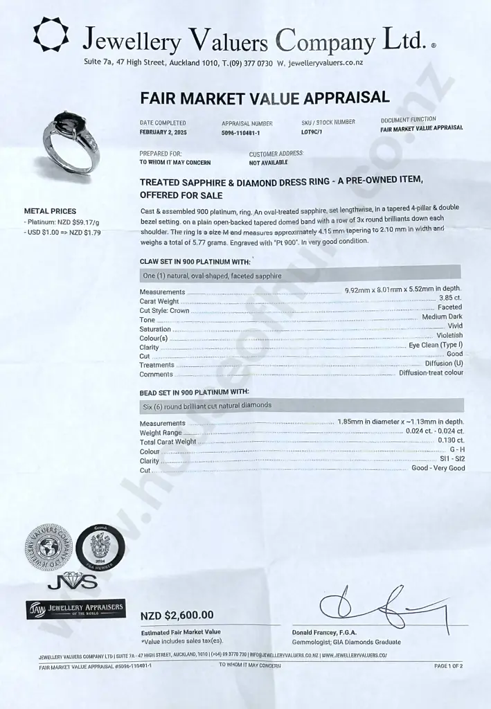 Platinum Sapphire & Diamond Ring Image 1++