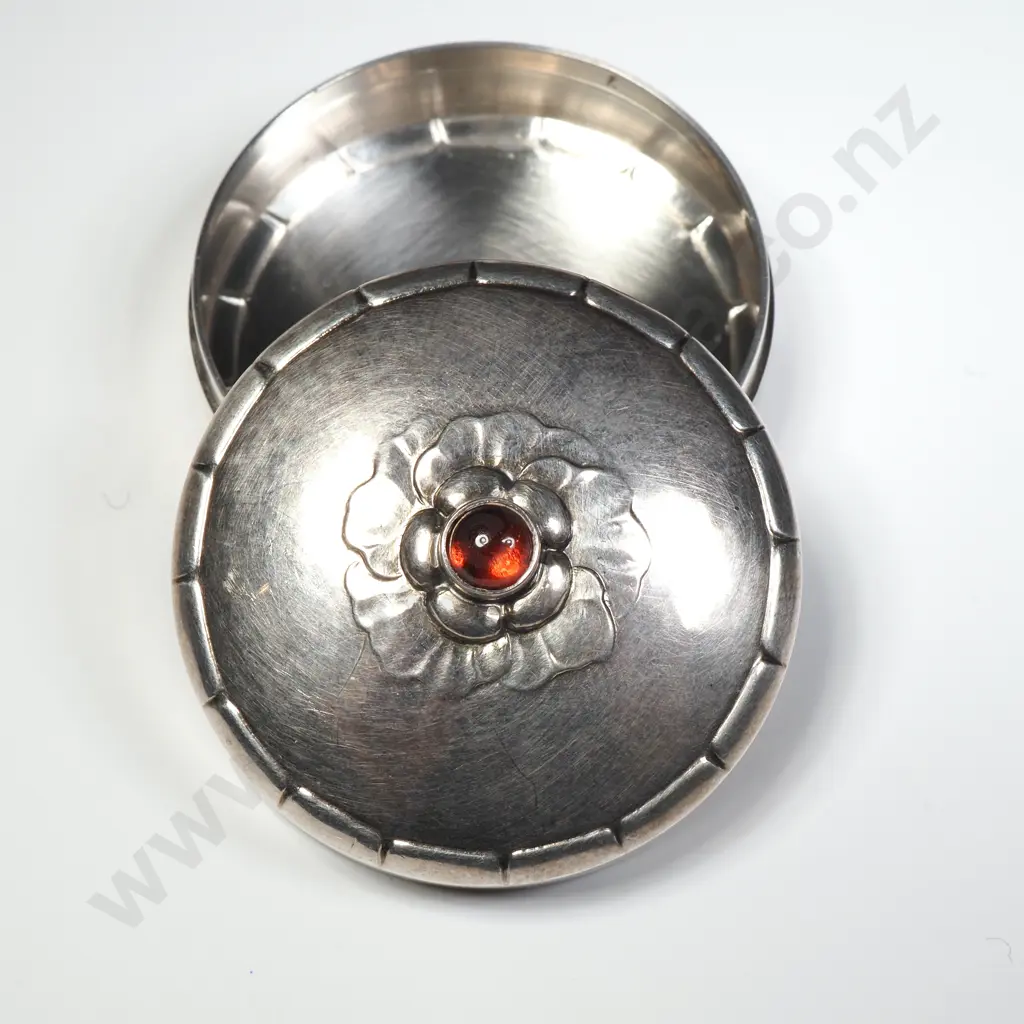 Vintage Georg Jensen Sterling Silver Pill Box w Stone Set Top Image 1++