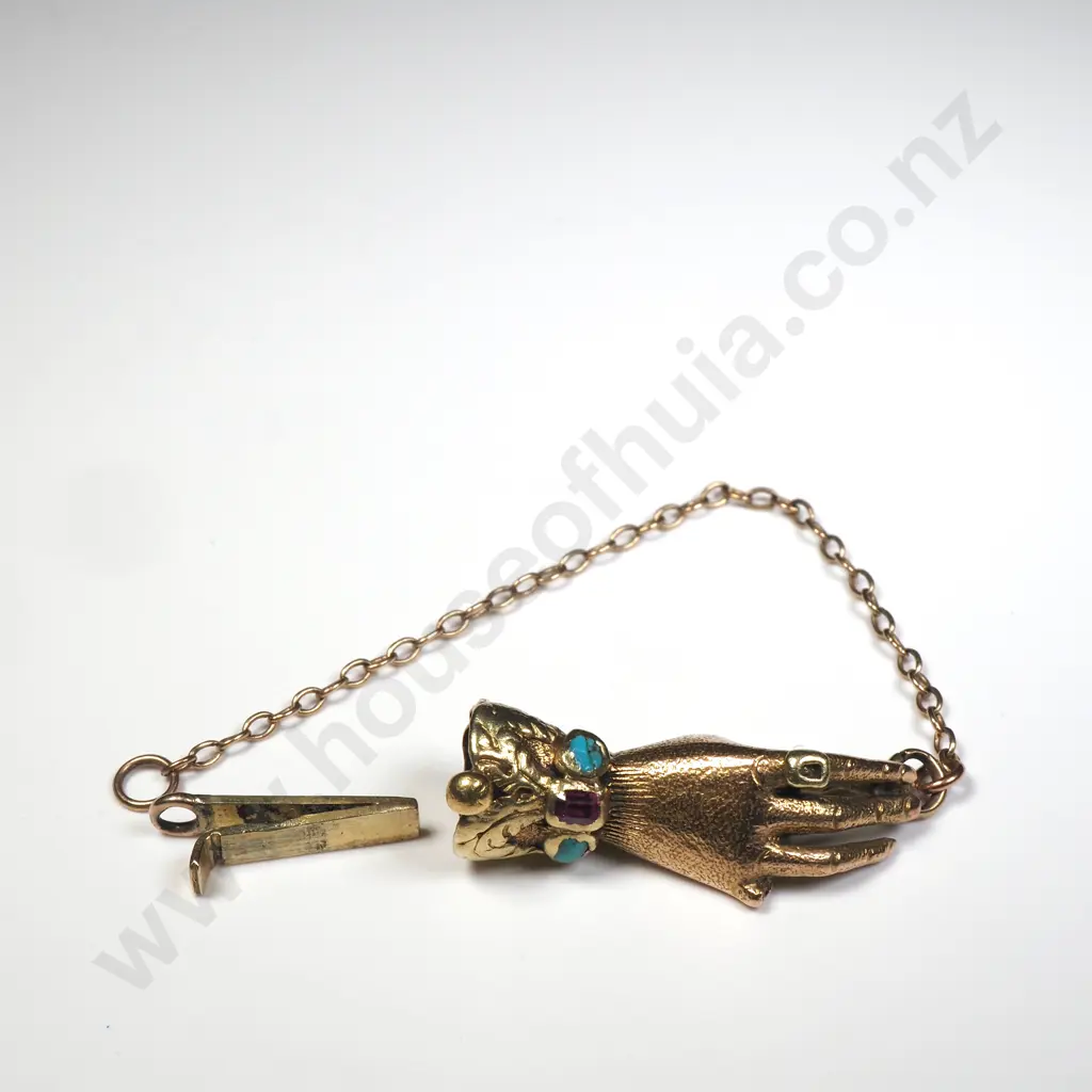 Antique 9ct Gold Heart Clasp set w Red Gem & Turquoise Image 1++