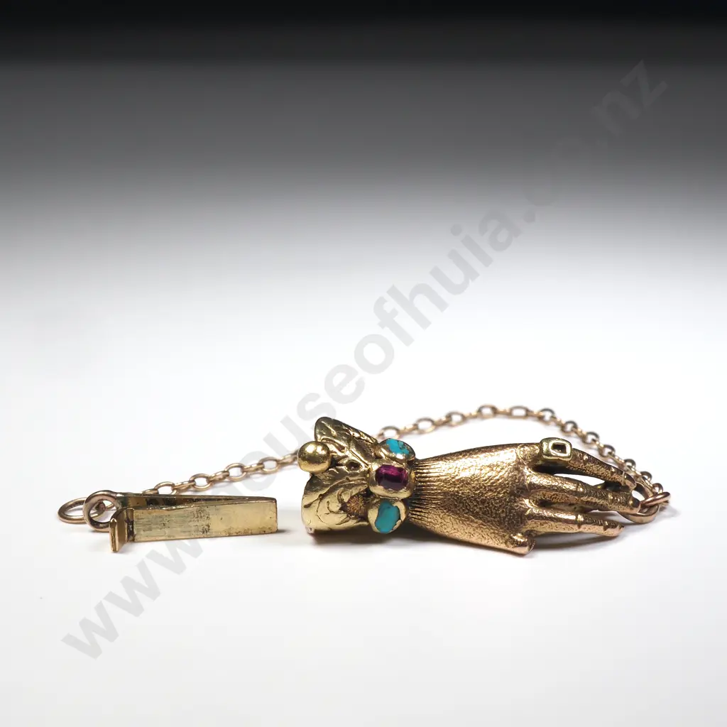 Antique 9ct Gold Heart Clasp set w Red Gem & Turquoise Image 1++