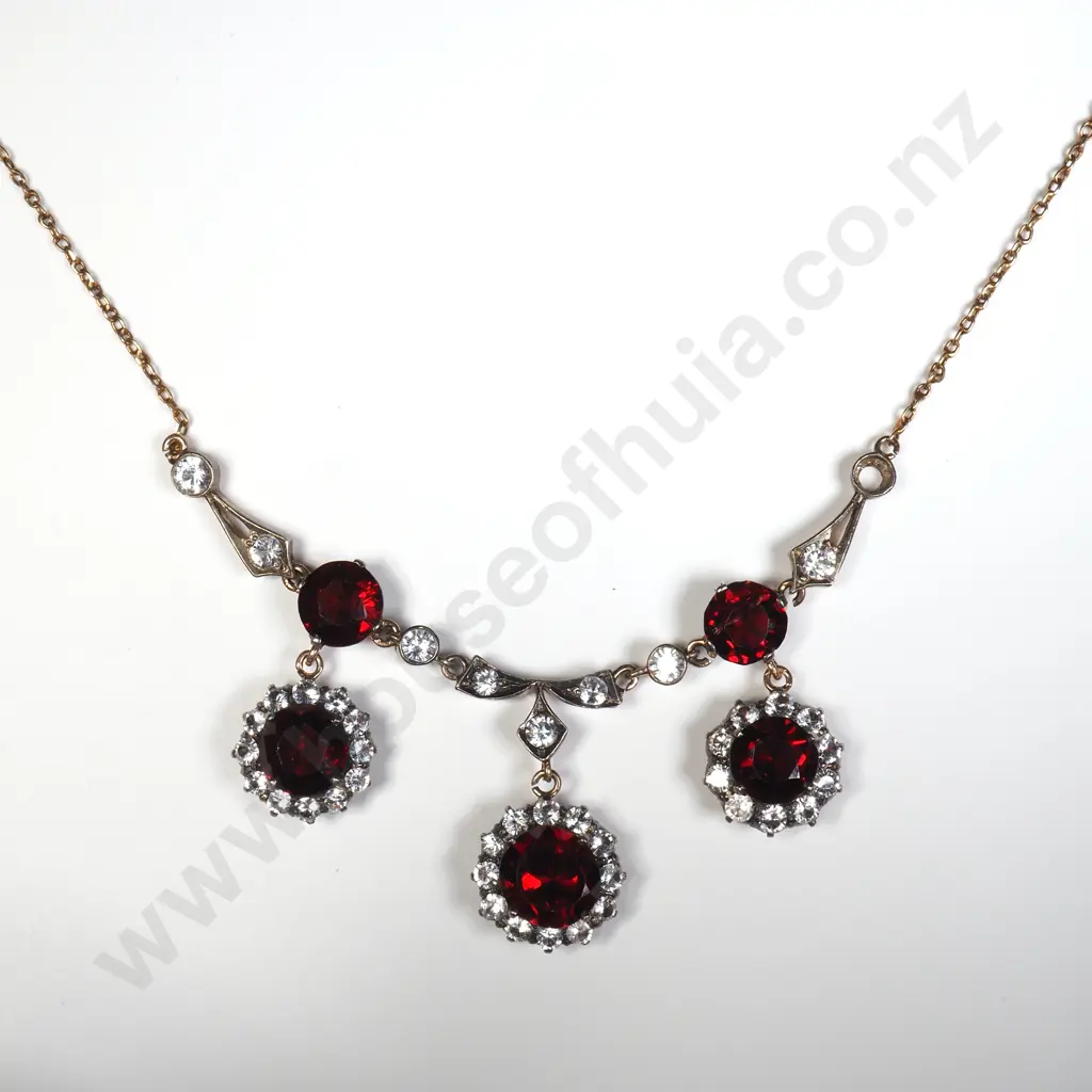 Antique Silver on Gold Garnet & Whit Sapphire Cluster Necklace Image 1++