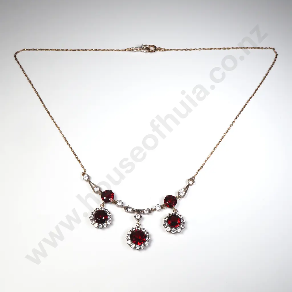 Antique Silver on Gold Garnet & Whit Sapphire Cluster Necklace Image 1++