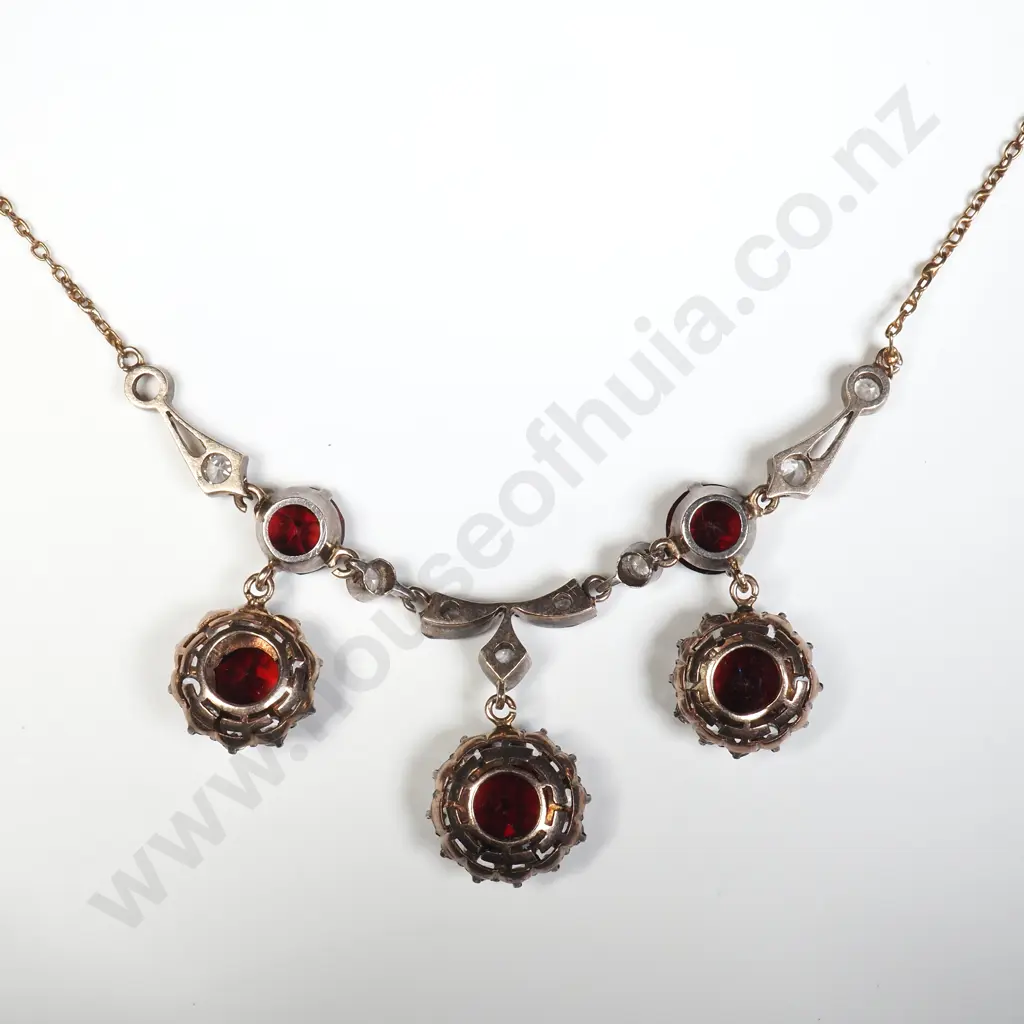 Antique Silver on Gold Garnet & Whit Sapphire Cluster Necklace Image 1++
