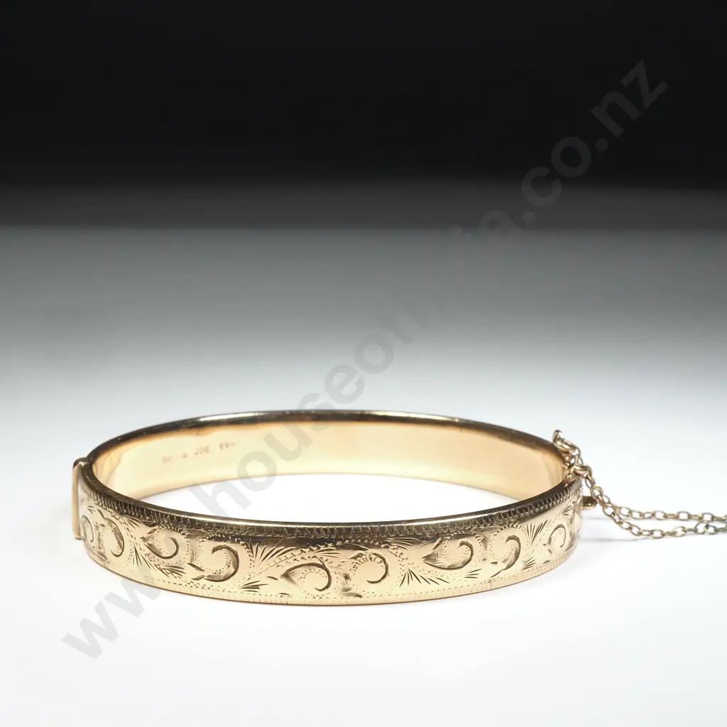 Vintage 9ct Gold Engraved Metal Core Snap Bangle Image 1++
