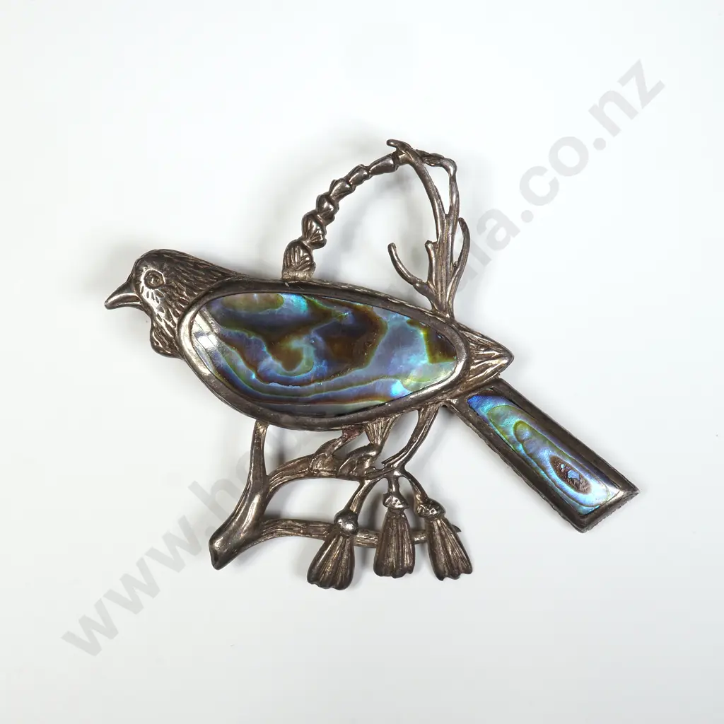 Vintage Sterling Silver Paua Shell Tui Brooch Image 1++