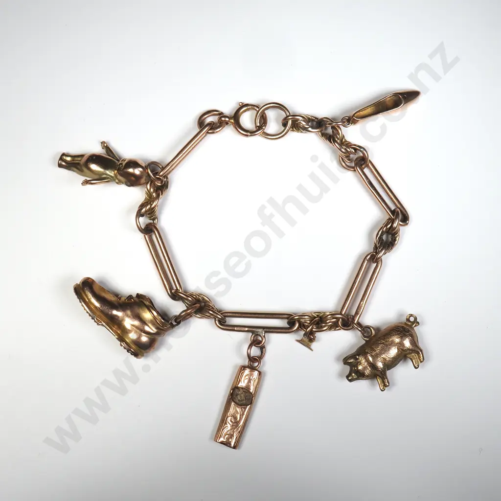 Groovy Antique Charm Bracelet in 9ct Gold in Period Case Image 1++