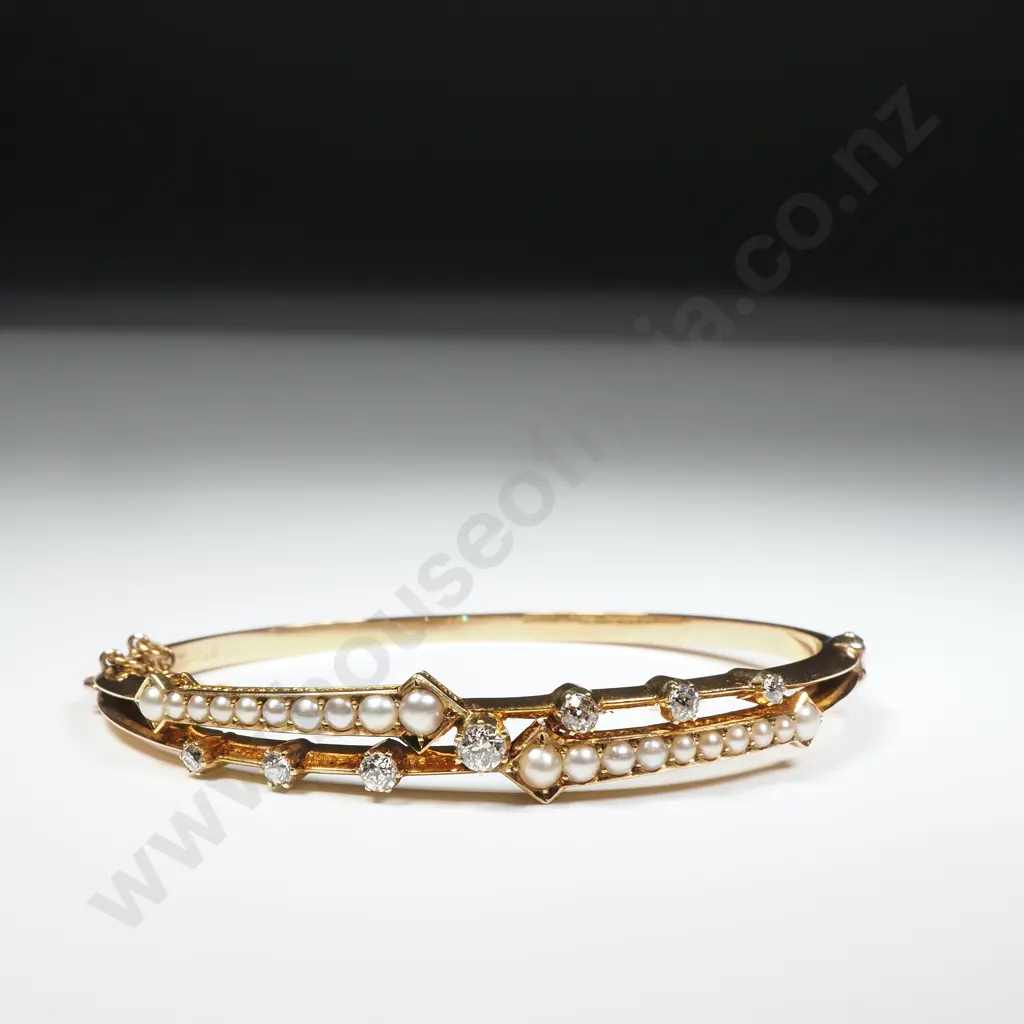Antique 18ct Gold Diamond & Seed Pearl Bracelet in Period Case w Valuation For $7,900.00 Image 1++