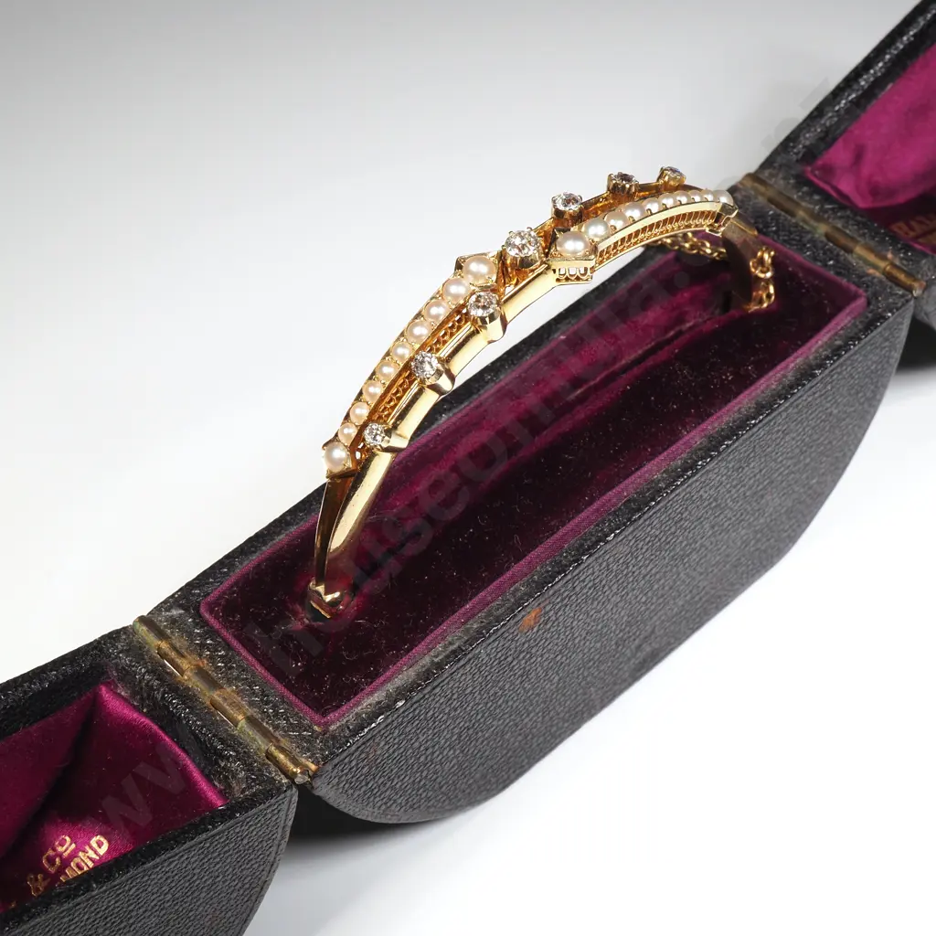 Antique 18ct Gold Diamond & Seed Pearl Bracelet in Period Case w Valuation For $7,900.00 Image 1++