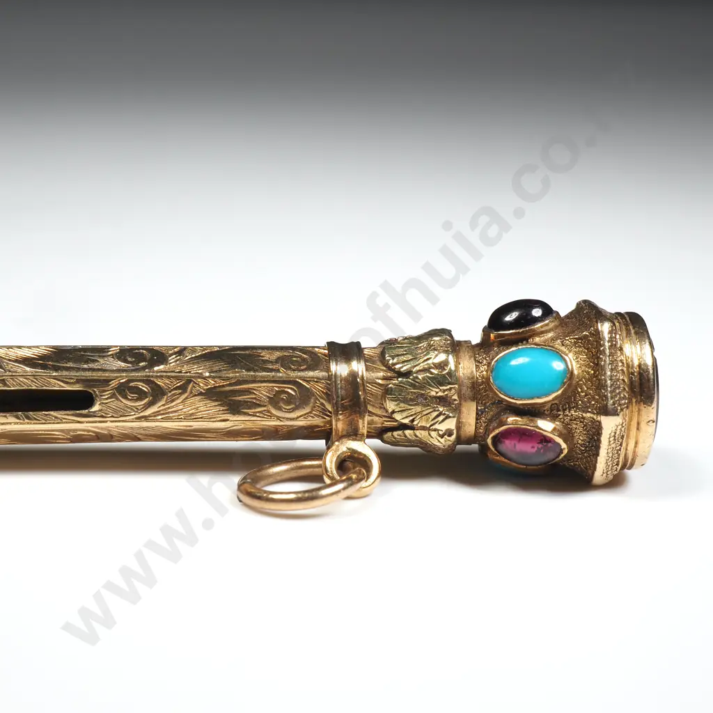 Exceptional Rolled Gold Antique Pencil - Encrusted w Semi Precious Stones & Carved Seal on End Image 1++