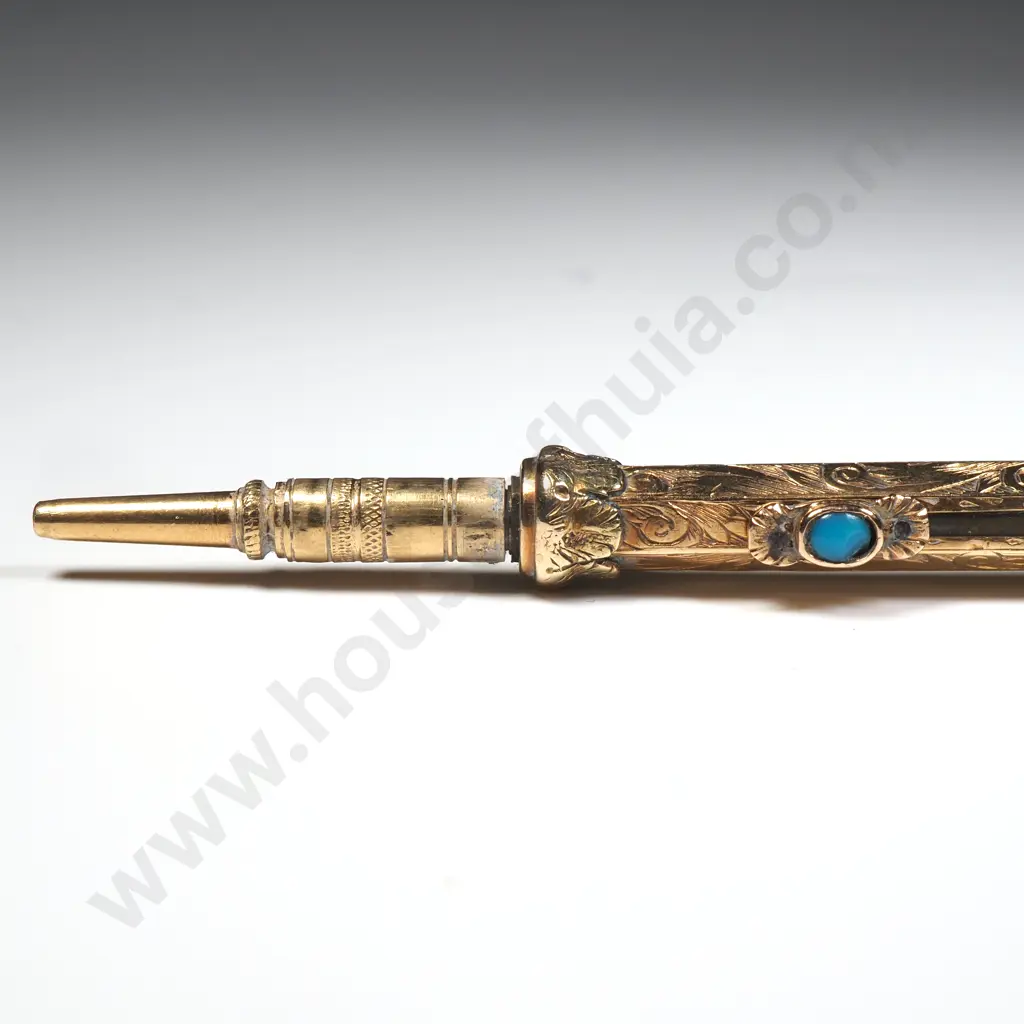 Exceptional Rolled Gold Antique Pencil - Encrusted w Semi Precious Stones & Carved Seal on End Image 1++