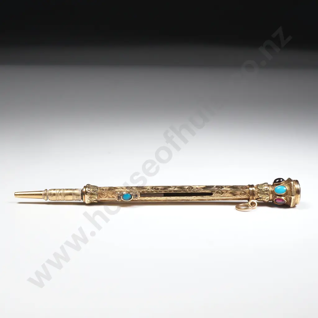 Exceptional Rolled Gold Antique Pencil - Encrusted w Semi Precious Stones & Carved Seal on End Image 1++