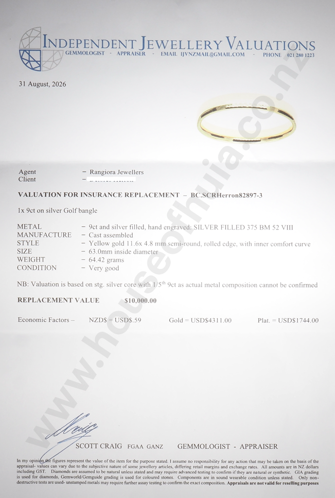 9ct Gold Silver Filled Bangle w Valuation for $10,000 Image 1++