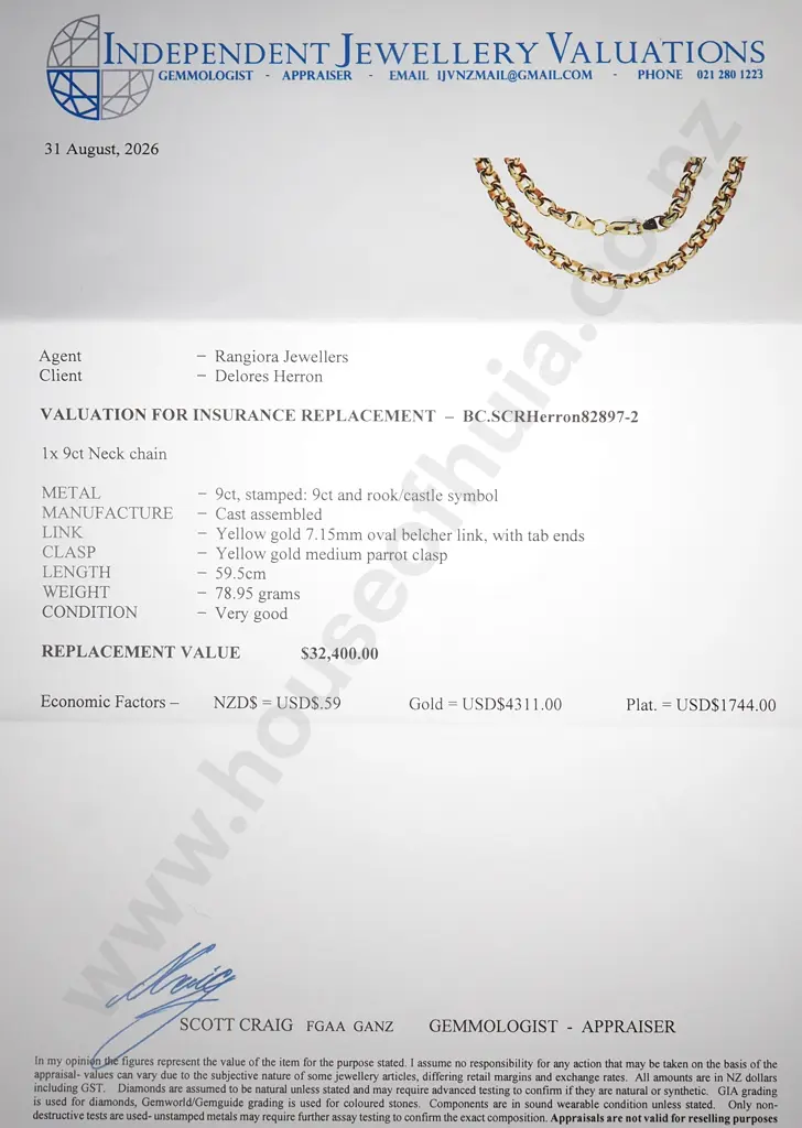 9ct Gold Belcher Necklace w Valuation $32,400 Image 1++