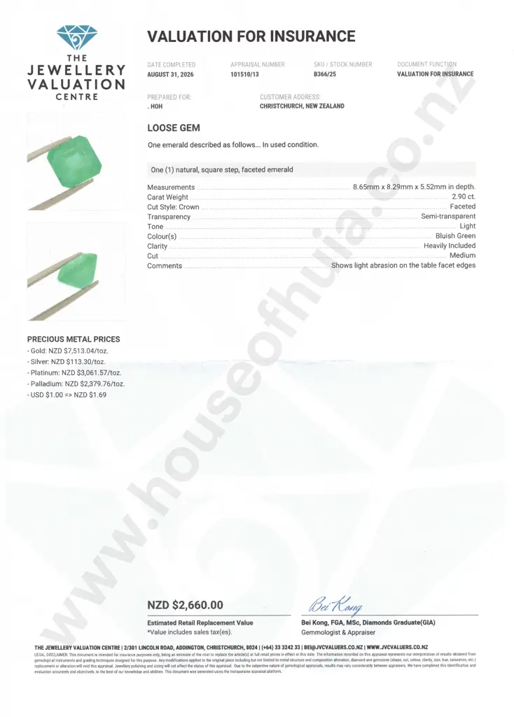 2.9 Carat Emerald Stone w Valuation for $2,660 Image 1++