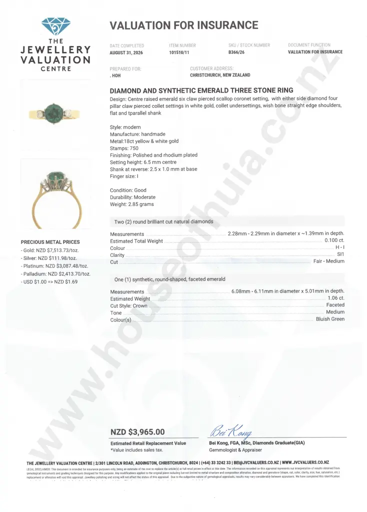18ct Gold Emerald & Diamond Ring w Valuation for $3,965 Image 1++
