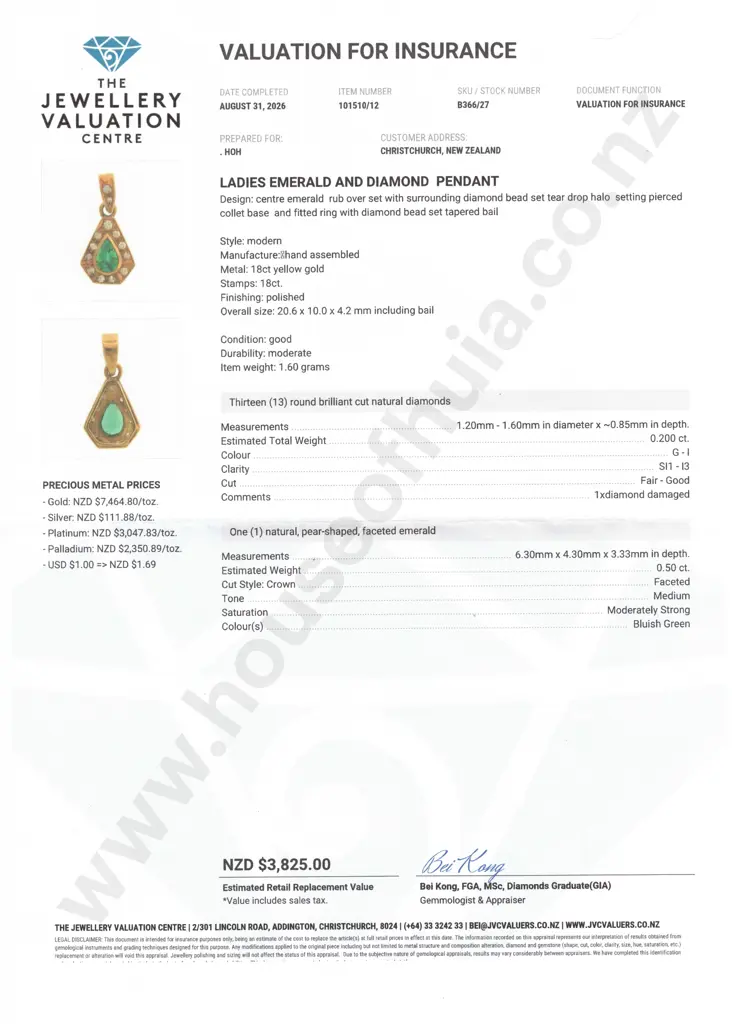 18ct Gold Emerald & Diamond Pendant w Valuation for $3,825 Image 1++