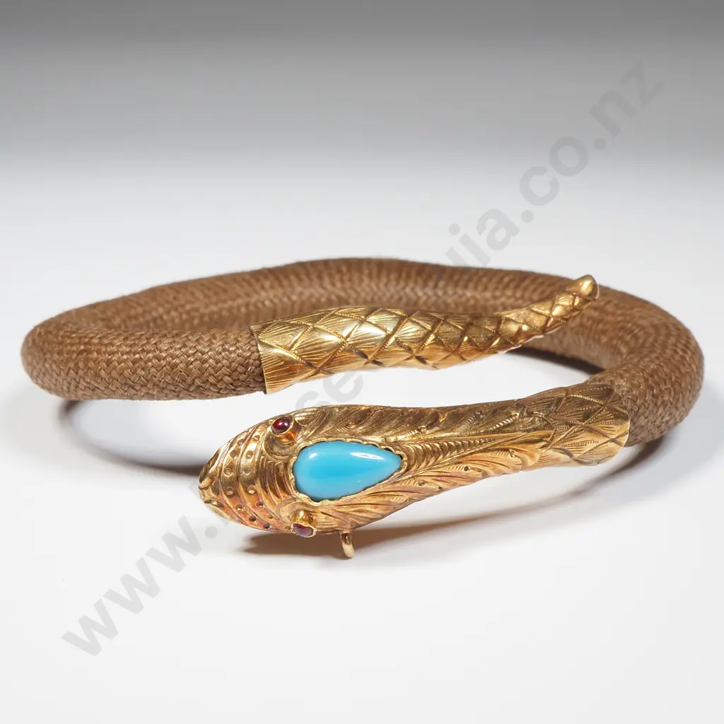 Exceptional Antique Gold & Plaited Hair Snake Bracelet with Garnet Eyes & Turquoise Head Image 1++
