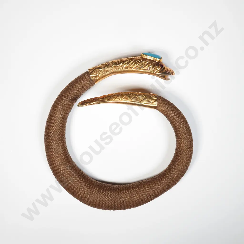 Exceptional Antique Gold & Plaited Hair Snake Bracelet with Garnet Eyes & Turquoise Head Image 1++