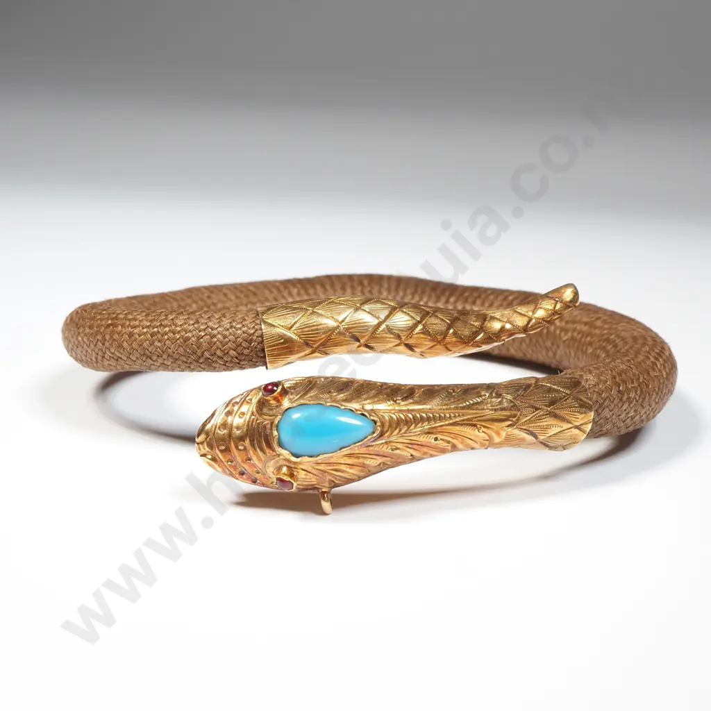 Exceptional Antique Gold & Plaited Hair Snake Bracelet with Garnet Eyes & Turquoise Head Image 1++