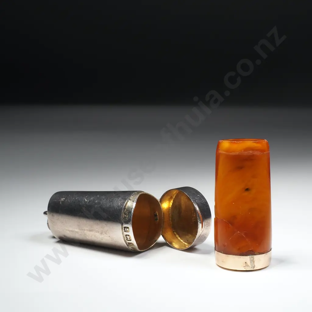 Sterling Silver Cigar Holder Case w 9ct Gold & Amber Cigar Holder Image 1++