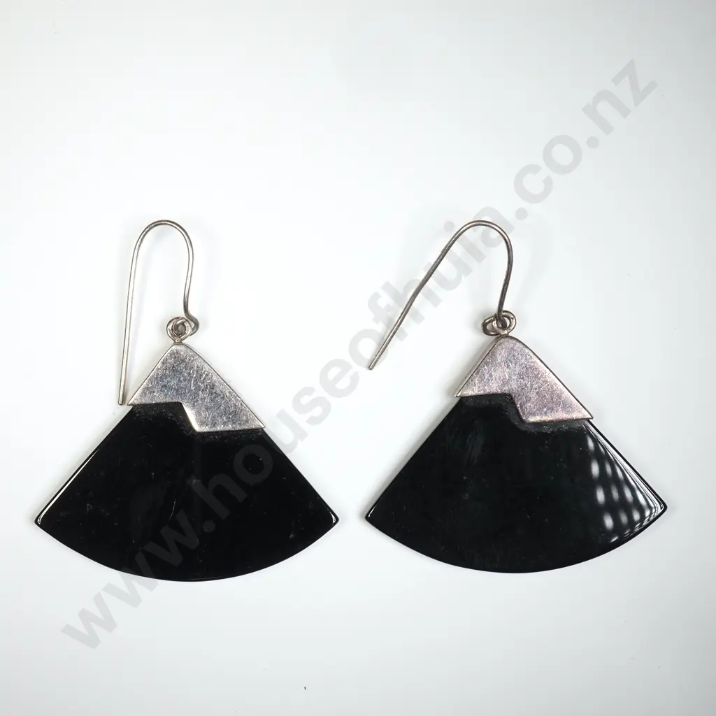 Pair of Art Deco Sterling Silver and Bakelite Drop Earrings Image 1++