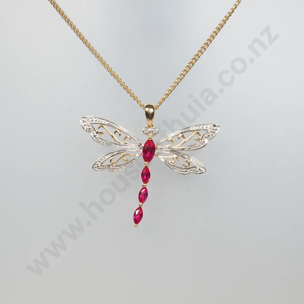 9ct Gold Dragon Fly Pendant w Red Stones & Diamonds Image 1++