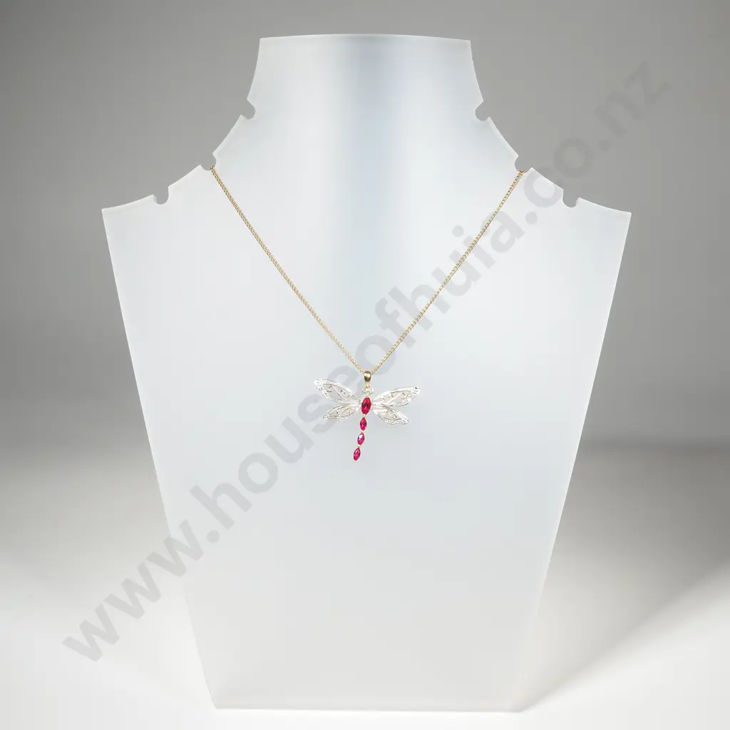 9ct Gold Dragon Fly Pendant w Red Stones & Diamonds Image 1++