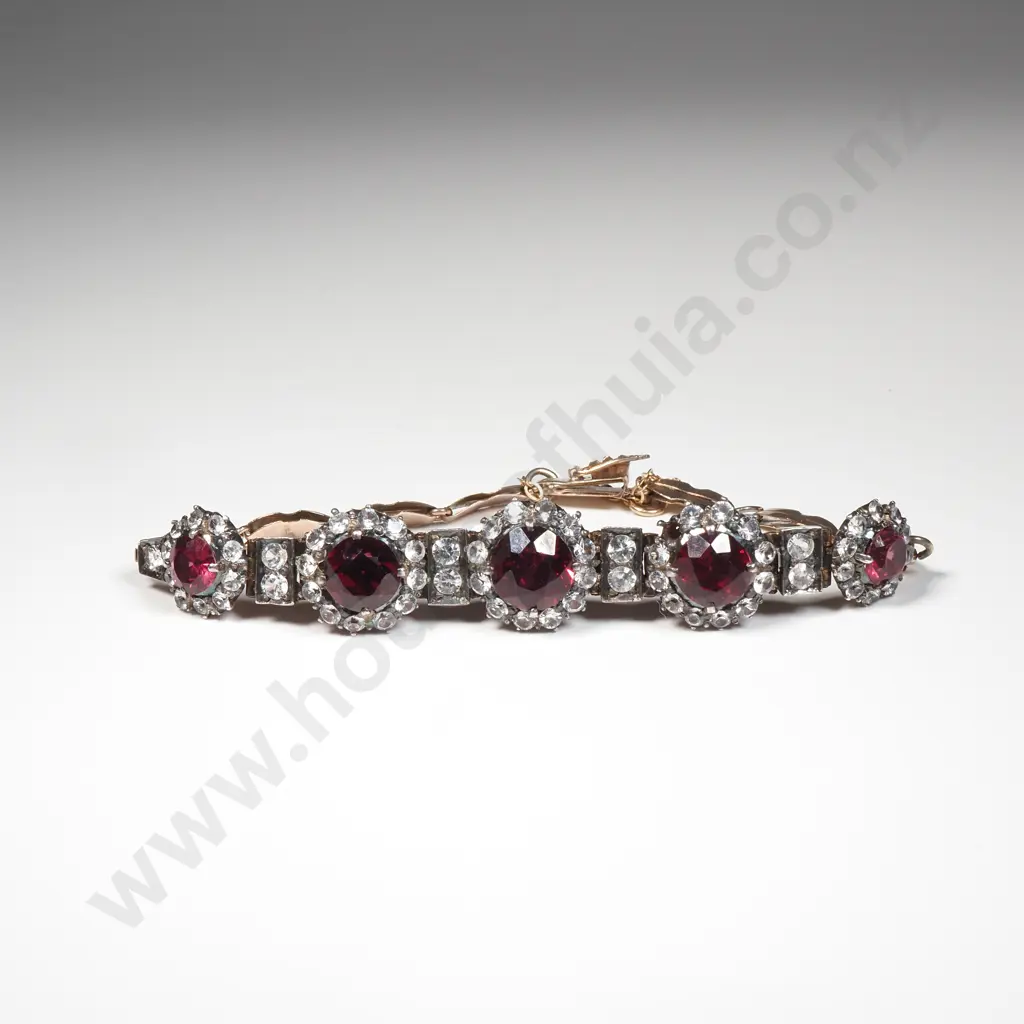 Antique Silver on Gold Garnet & Whit Sapphire Cluster Bracelet Image 1++