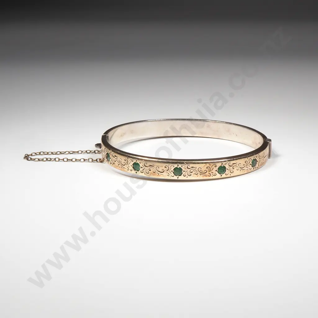 1/5 9ct Gold Green Stone Studded Sterling Silver Hinged Bracelet Image 1++