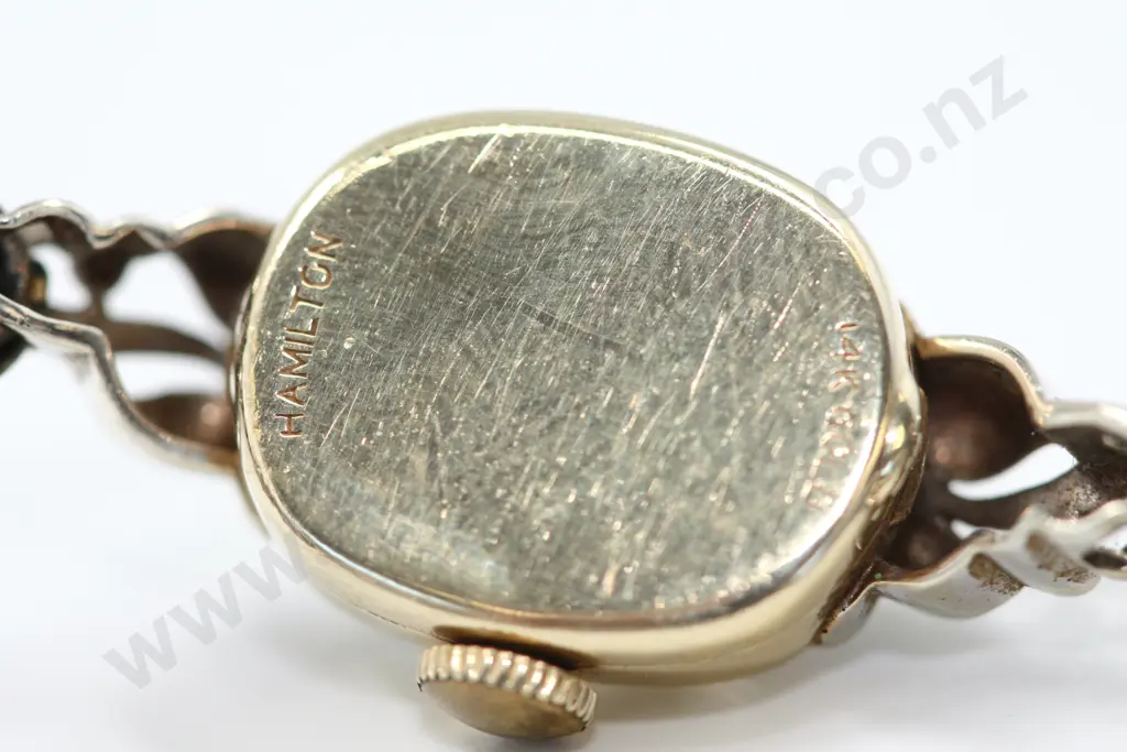 A "Hamilton" Ladies Wrist Watch in 14ct Gold & Diamonds Image 1++