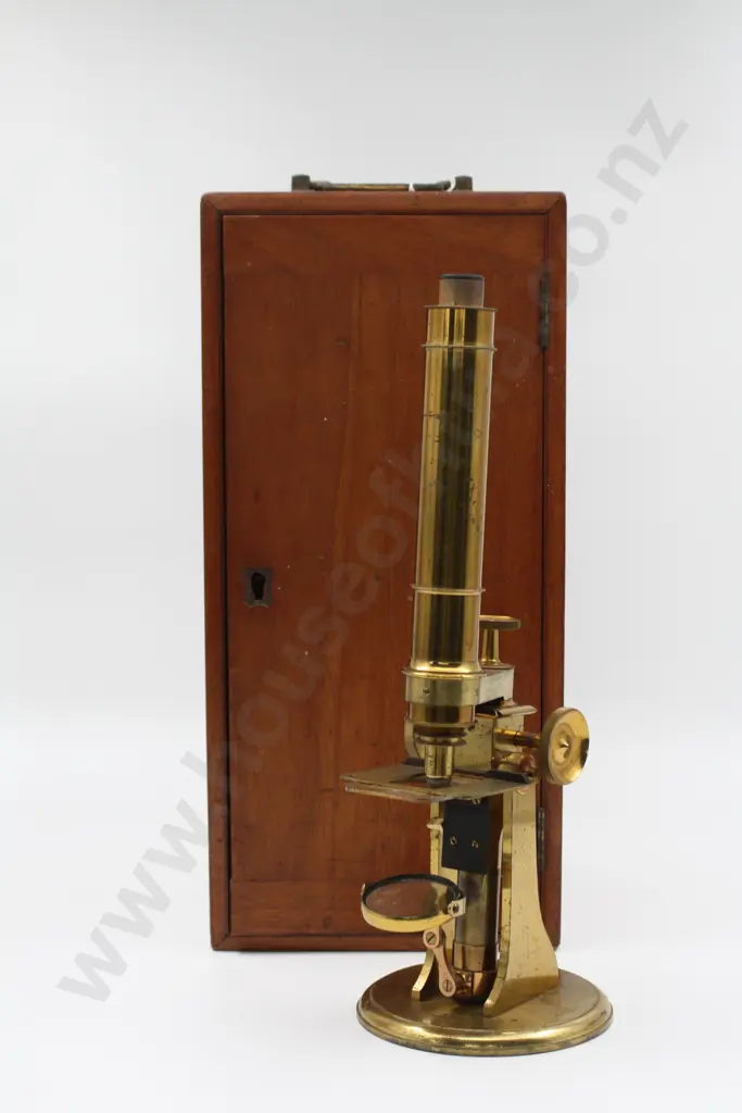 Antique Brass Microscope in Box: NZ Interest Image 1++