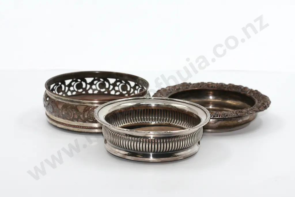 Set of Three Silver Plate Wine Coasters  Image 1++