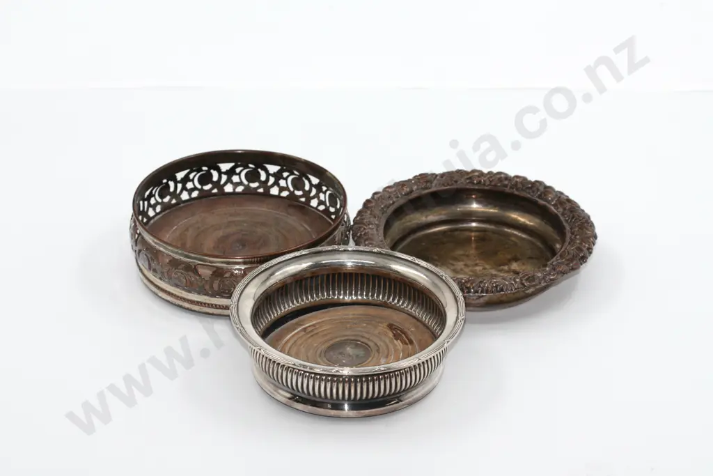 Set of Three Silver Plate Wine Coasters  Image 1++
