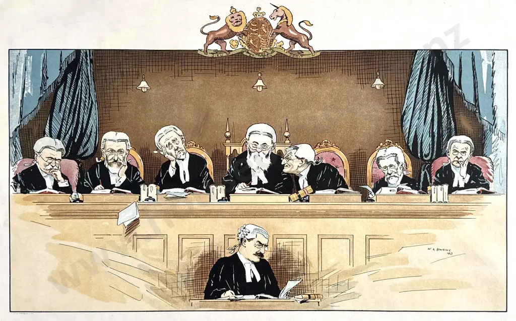 Walter Bowring - The Bench NZ Justices, Lithograph (1913) Image 1++