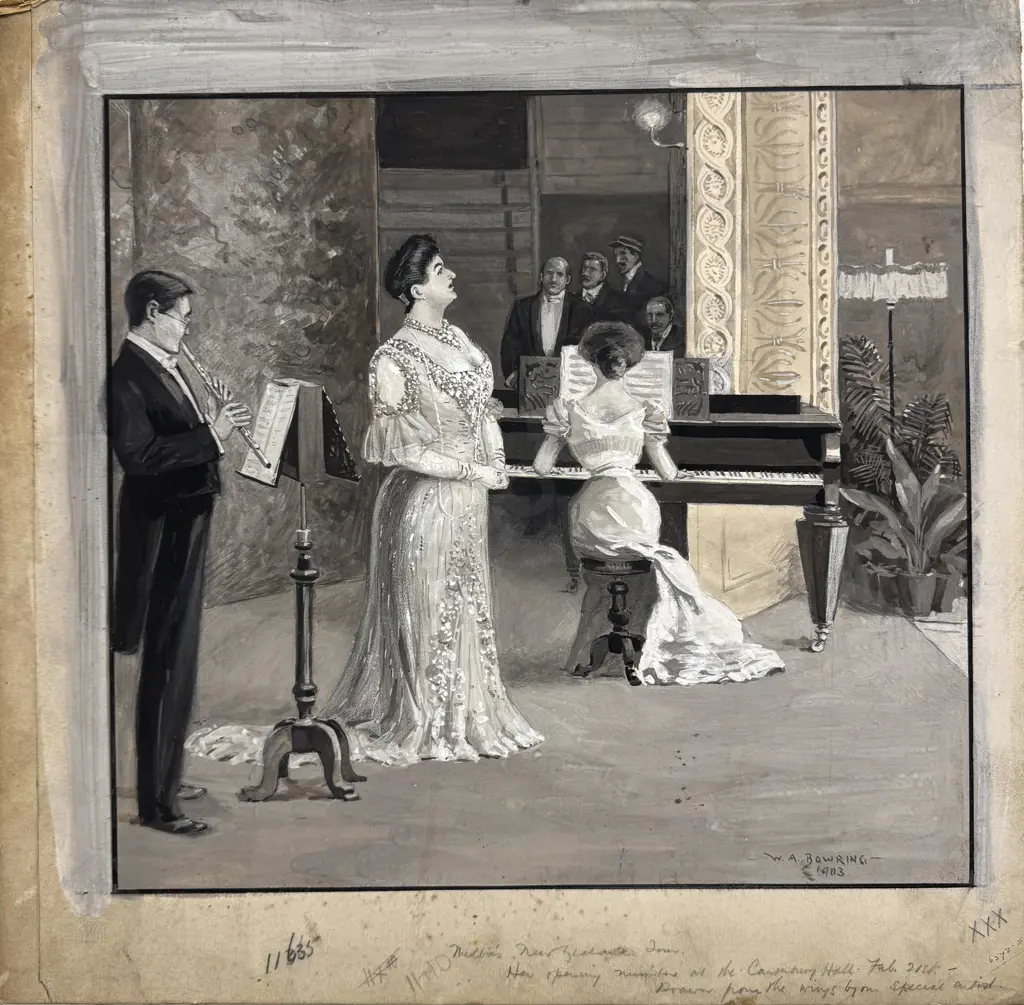 Walter Bowring - Dame Melba’s Concert, Ink & Gouache on Board (1903) Image 1++
