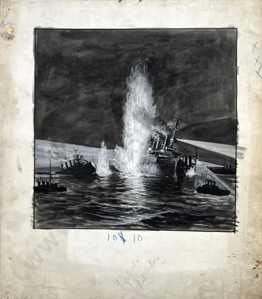 Walter Bowring - Fight At Port Arthur, Ink & Gouache on Board Image 1++