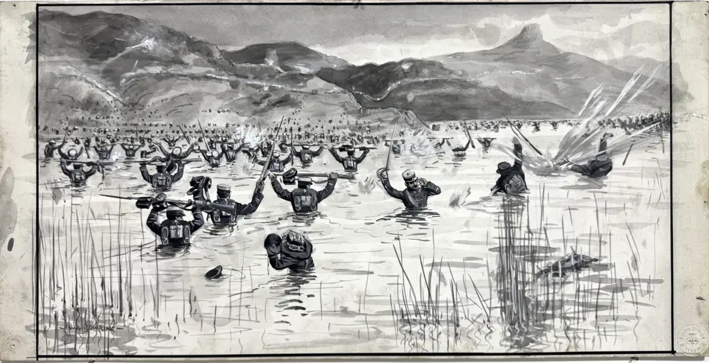 Walter Bowring - Battle of Yalu River Ink & Gouache on Board Image 1++