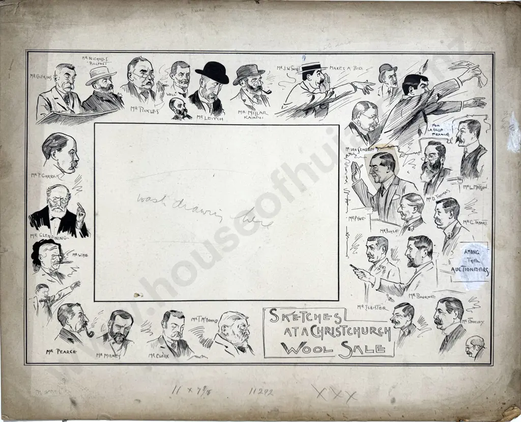 Walter Bowring - Sketches At a Christchurch Wool Sale, Ink on Board Image 1++
