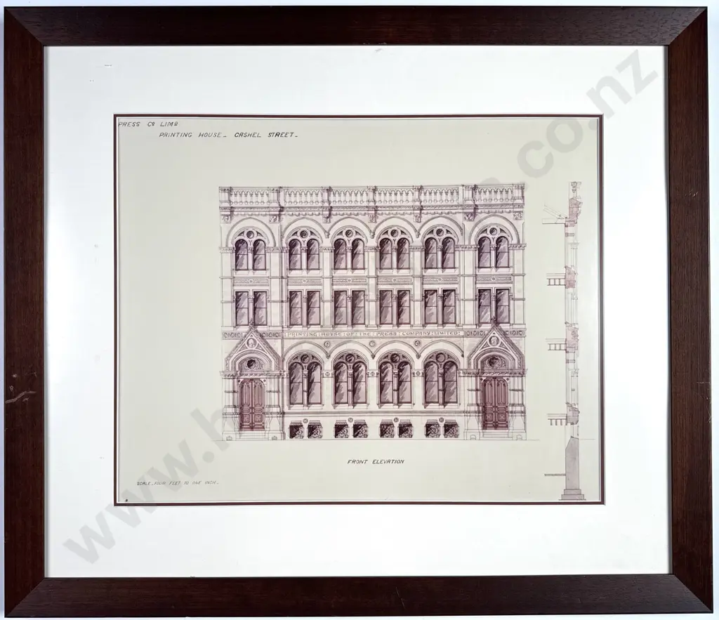 The Christchurch Press - Architecture Drawing of the Front Elevation of the Press Company Print House Cashel St, Print Image 1++