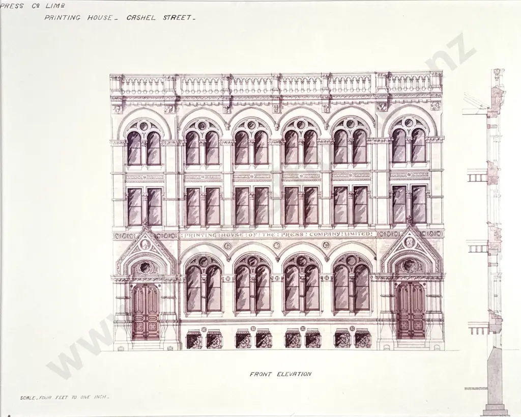 The Christchurch Press - Architecture Drawing of the Front Elevation of the Press Company Print House Cashel St, Print Image 1++