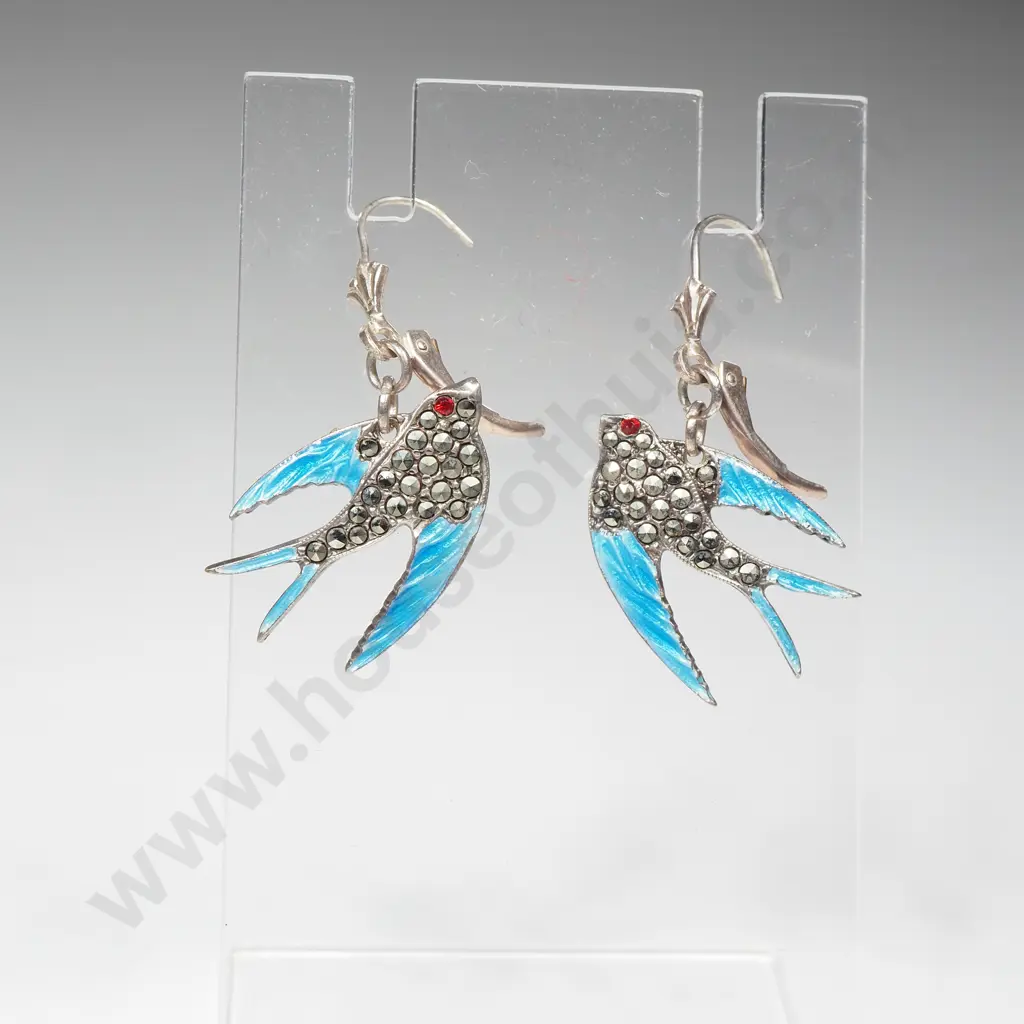 Sterling Silver Enamel & Marcasite Bird Brooch & Earrings Image 1++